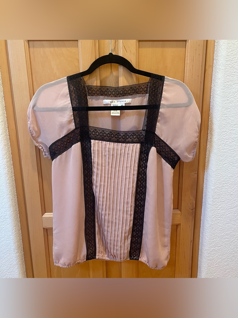 Max Studio Y2K Blush Pink Black Lace Chiffon Babydoll Blouse Coquette Size XS